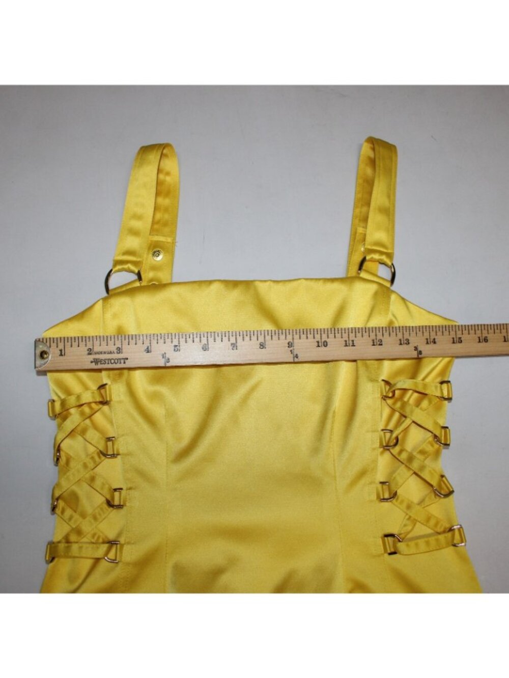 Cache Dress Sz 4 Yellow Faux Pockets Lace Up Side Poly Cotton Spandex Dress - Picture 7 of 10